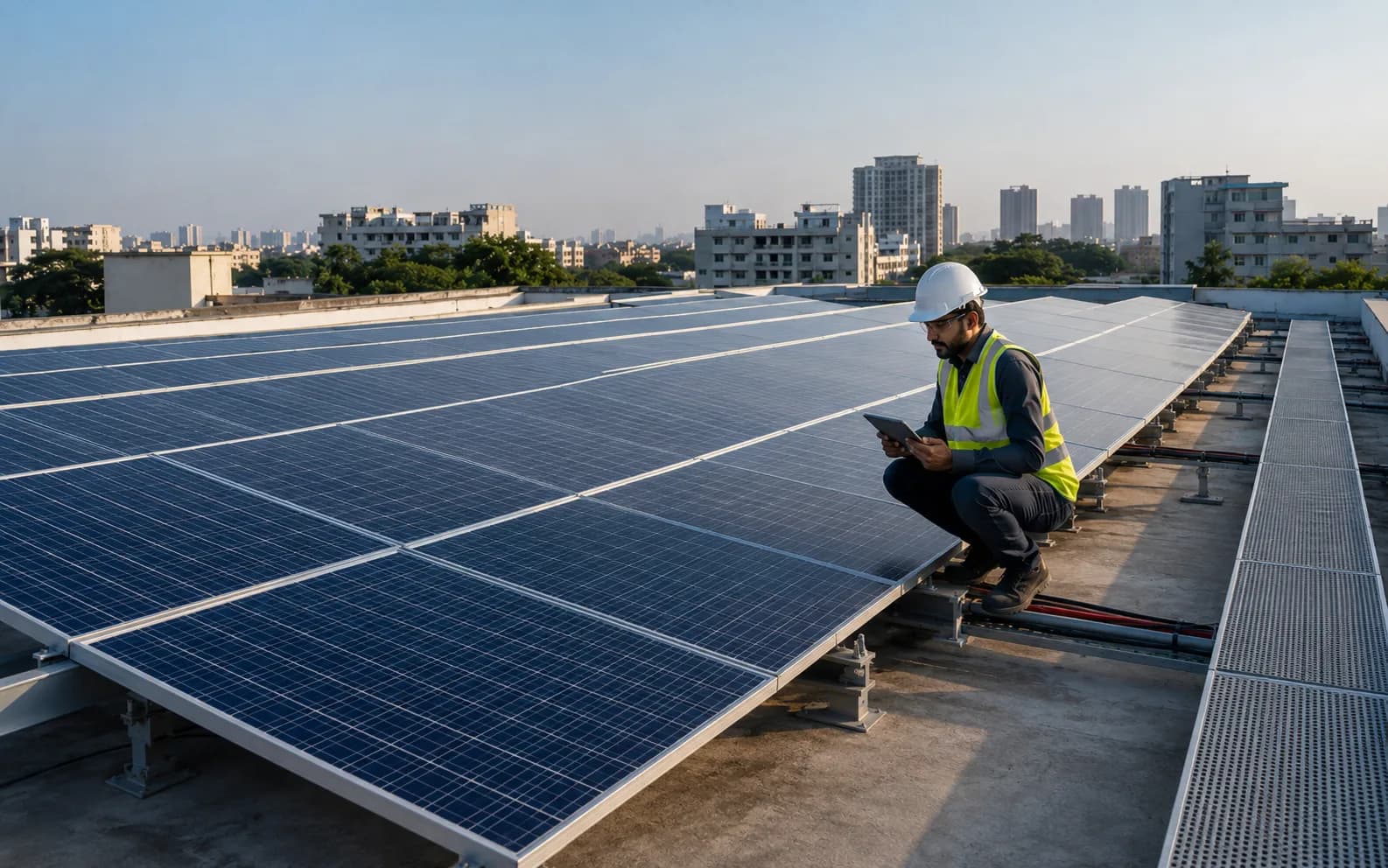 Illustrative rooftop solar installation with an engineer reviewing the array