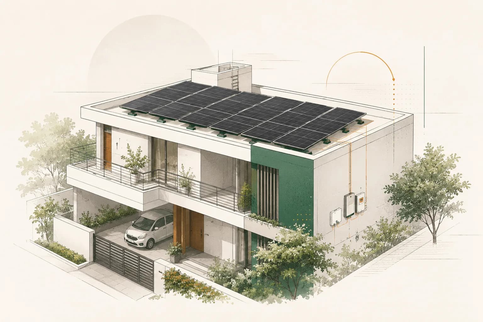 Illustrative home with rooftop solar panels